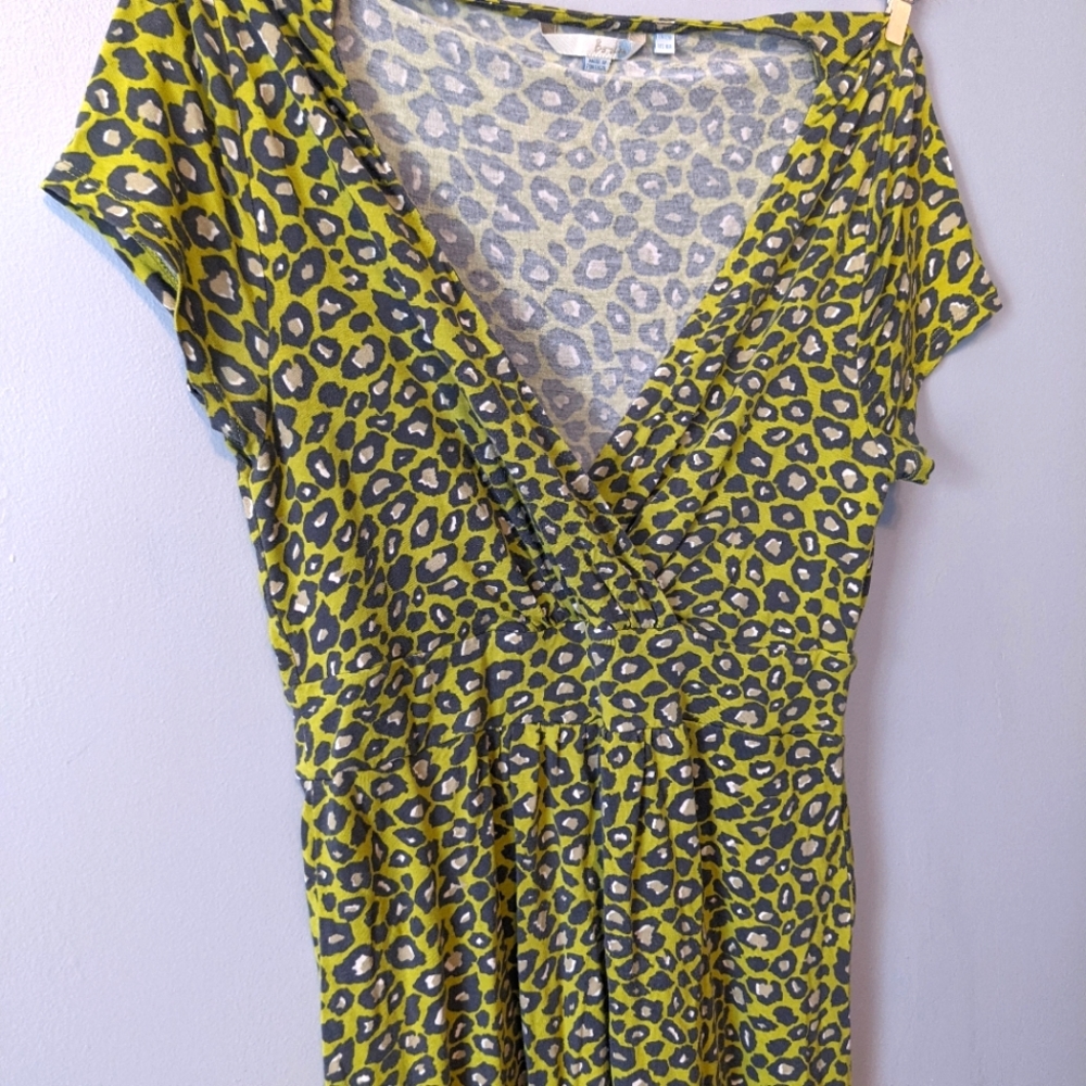 Boden Jersey Midi Dress Leopard Print Green Surplice Plunging Neckline Size 8R